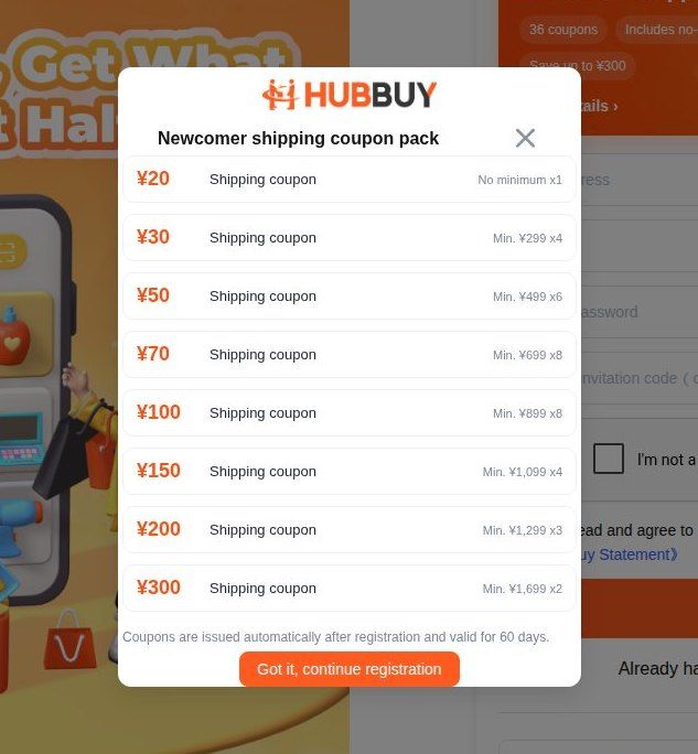 Official HubBuy newcomer shipping coupon pack ladder ¥20 to ¥300